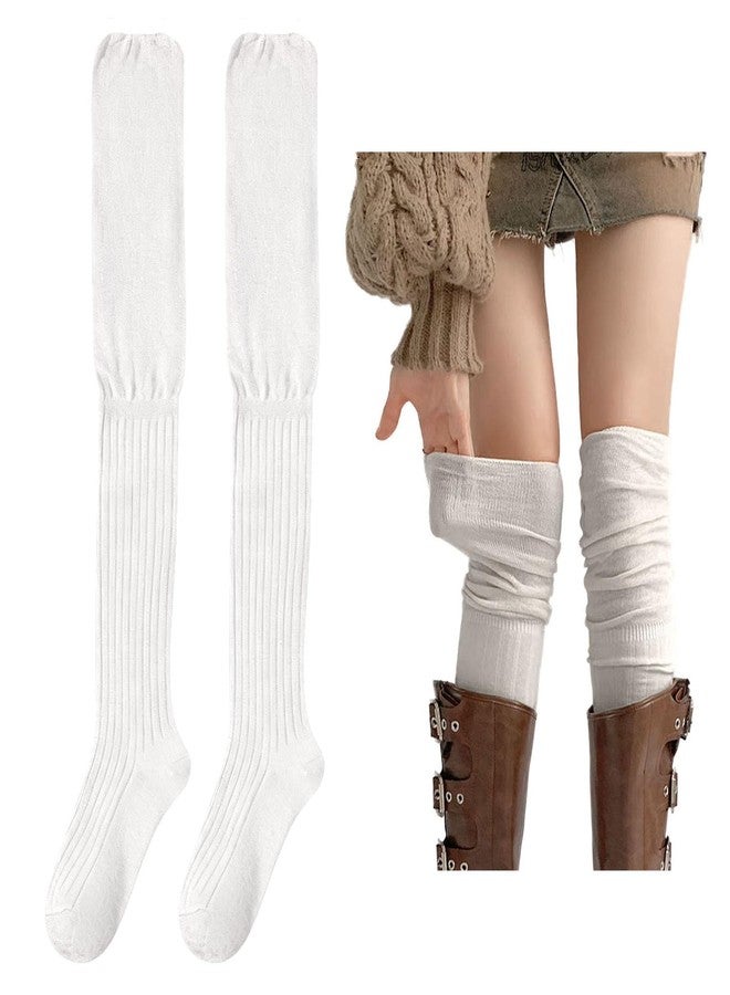 huablo Over Knee High Boot Socks - Slouch Top Over Knee Knit Fashion Thigh Sock for Women - White - Image 1